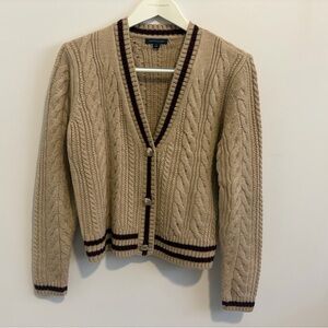 Tommy Hilfiger Beige Cable Knit V-Neck Cardigan with Dark Brown Trim